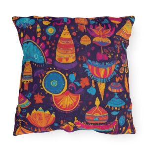 outdoor pillow featuring colorful festival-themed patterns with various decorative elements on a dark background