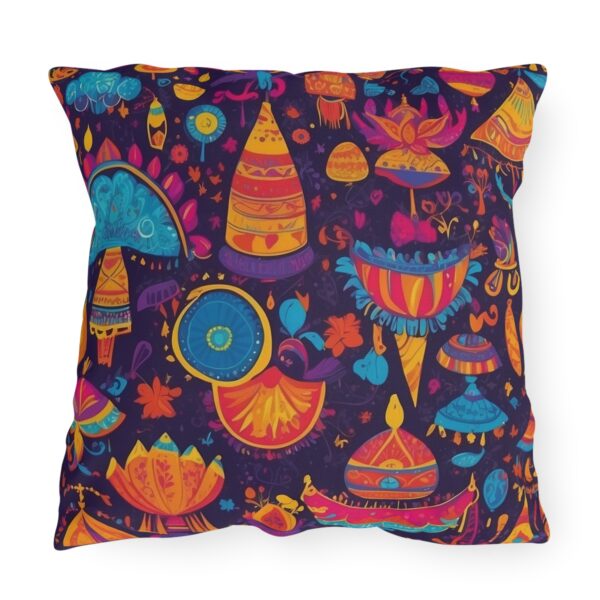 outdoor pillow featuring colorful festival-themed patterns with various decorative elements on a dark background