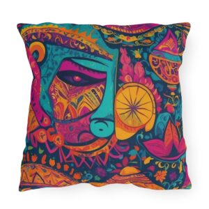 outdoor pillow featuring vibrant and colorful festival-inspired abstract patterns and designs