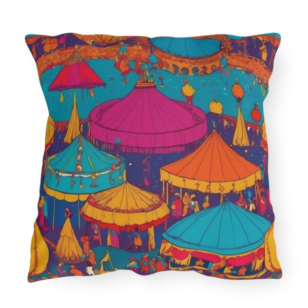 pillow featuring colorful festival tents with bright decorations and vibrant patterns