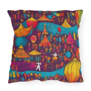 outdoor pillow featuring a colorful pattern of festival scenes with tents, balloons, and people