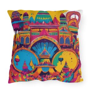 outdoor pillow featuring a vibrant pattern of iconic festivals with colorful buildings and decorations