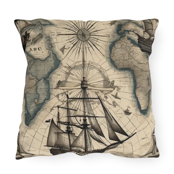 outdoor pillow featuring a vintage sailing ship and an old-world map with navigational lines