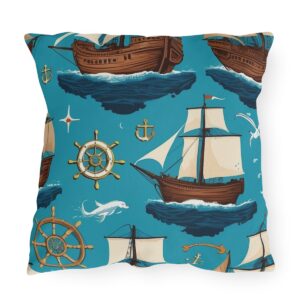 outdoor pillow featuring sailing ships, ship wheels, anchors, and sea creatures on a turquoise background