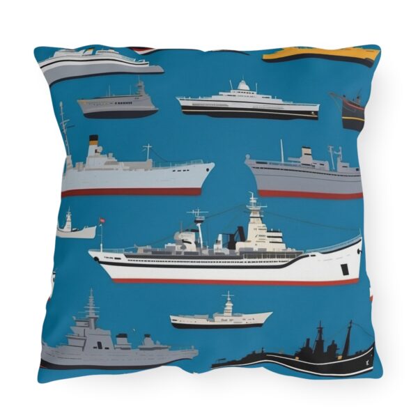 Outdoor pillow featuring illustrations of various navy battleships on a bright blue background