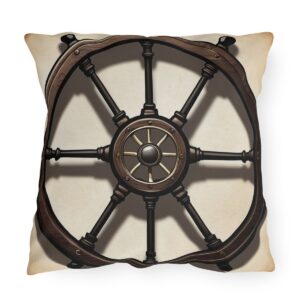 Outdoor pillow featuring a brown and black nautical ship steering wheel design on a beige background