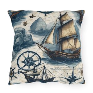 outdoor pillow featuring vintage sailing ships, compasses, and sea maps with rocky islands