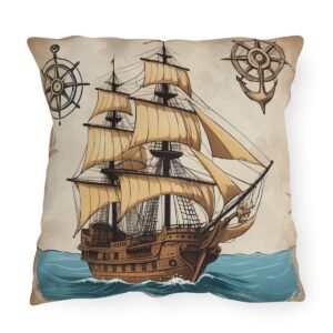 outdoor pillow featuring a vintage sailing ship with nautical compasses on a beige background