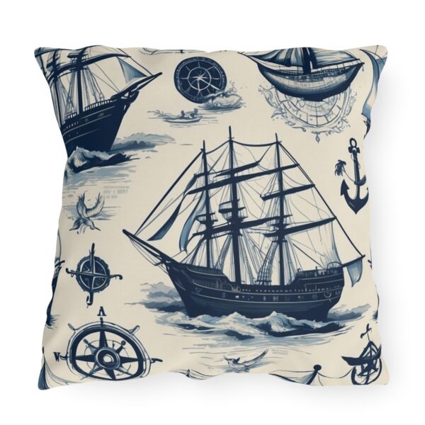 outdoor pillow featuring vintage sailing ships, compasses, and anchors on a beige background