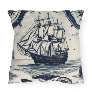 pillow featuring a vintage ship and nautical elements with ancient maps