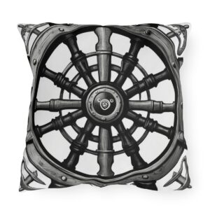 Outdoor pillow featuring a black and white nautical ship steering wheel design