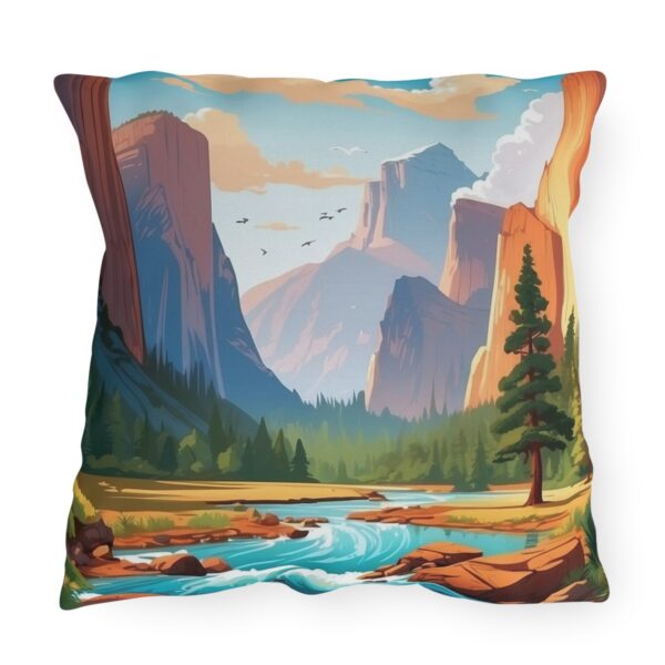 Outdoor pillow featuring a beautiful national park landscape with mountains, trees, and a river.