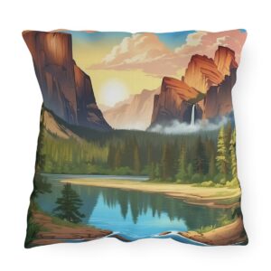 Outdoor pillow featuring a stunning national park landscape with mountains, trees, and a river at sunrise.