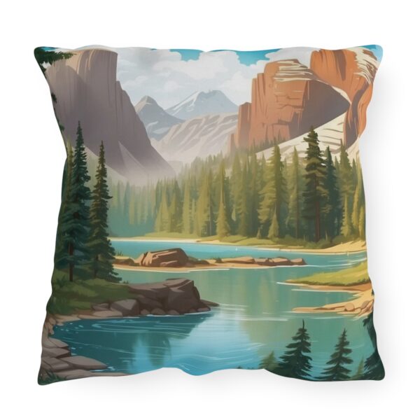 Outdoor pillow featuring a peaceful national park landscape with mountains, trees, and a river.