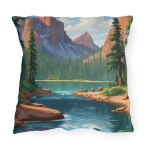 Outdoor pillow featuring a serene national park landscape with mountains, trees, and a river.