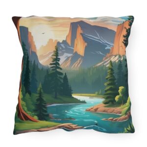 Outdoor pillow featuring a tranquil national park landscape with mountains, trees, and a river at sunrise.