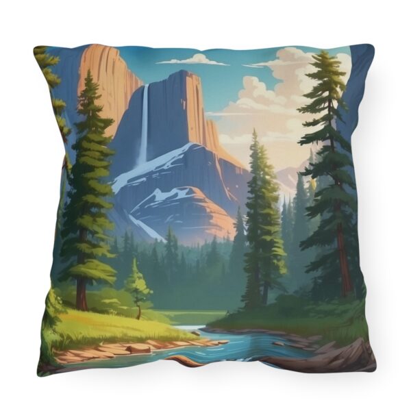 Outdoor pillow featuring a scenic national park landscape with mountains, trees, and a river.