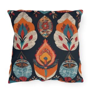 Outdoor pillow with vibrant cultural patterns and textiles featuring colorful motifs on a dark background.