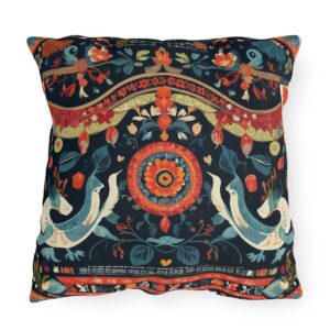 Outdoor pillow with detailed cultural patterns and textiles in vibrant colors on a dark background.