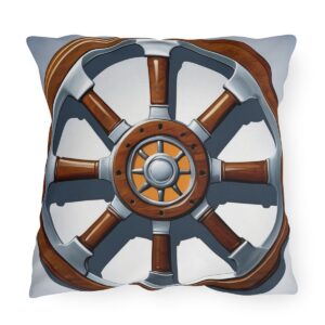 Outdoor pillow featuring a nautical ship steering wheel design with wood and metal details