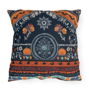 Outdoor pillow with vibrant cultural patterns and textiles on a dark background.