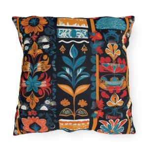 Outdoor pillow with vibrant traditional patterns and textiles from different cultures on a dark background.