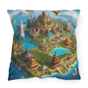 Outdoor pillow with a stylized world map featuring ornate landmarks on a blue and green background.