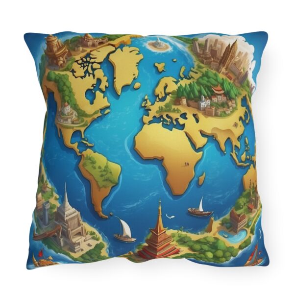 Outdoor pillow with a stylized world map featuring vibrant landmarks on a blue and gold background.