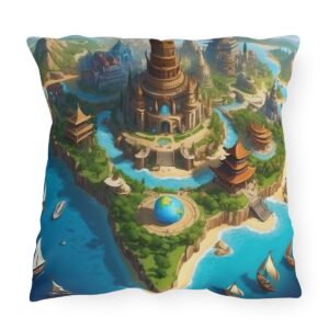 Outdoor pillow with a stylized world map featuring elaborate landmarks on a blue and green background.