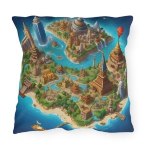 Outdoor pillow with a stylized world map featuring intricate landmarks on a blue and green background.