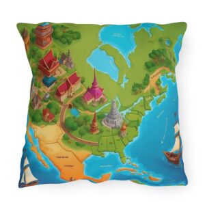 Outdoor pillow with a stylized world map featuring colorful landmarks on a blue and green background.