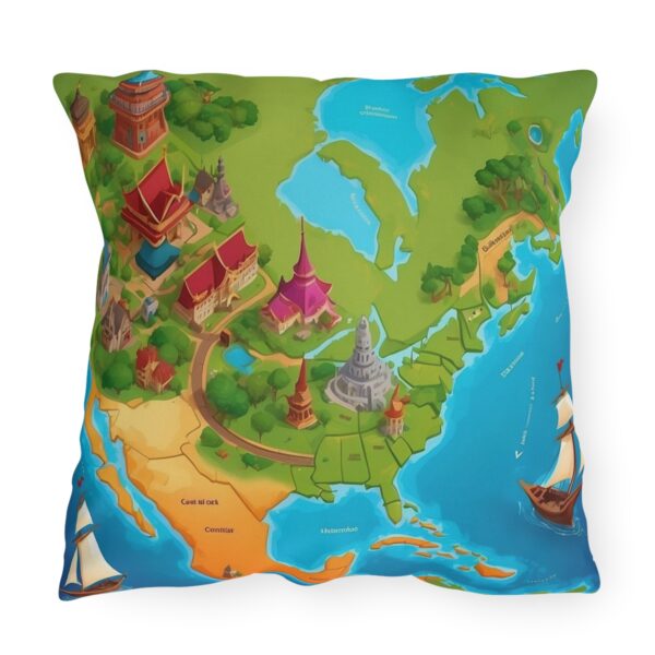 Outdoor pillow with a stylized world map featuring colorful landmarks on a blue and green background.