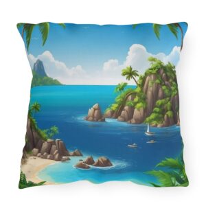 Outdoor pillow featuring a tropical beach scene with rocky cliffs, palm trees, and sailboats on blue water