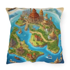 Outdoor pillow with a stylized world map featuring various landmarks on a blue background.