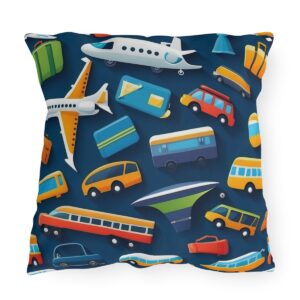 Outdoor pillow with colorful travel icons like airplanes, buses, and cars on a navy blue background.