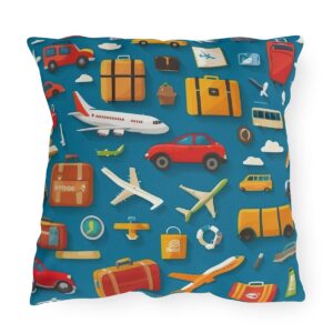 Outdoor pillow with colorful travel icons like airplanes, cars, and luggage on a teal blue background.