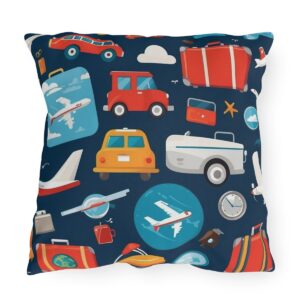 Outdoor pillow with a colorful design featuring travel icons like airplanes, cars, and luggage