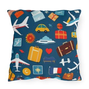 Outdoor pillow with a colorful travel icons design featuring airplanes, trains, and luggage