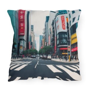 Outdoor pillow featuring a bustling urban street with buildings and crosswalks