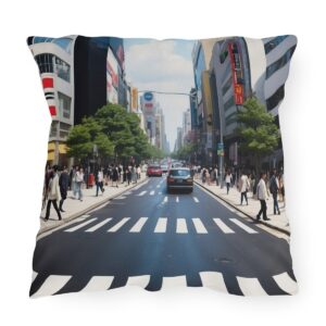 Outdoor pillow featuring a busy urban street scene with pedestrians and cars