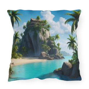 Outdoor pillow featuring a tropical beach scene with a house on a rocky cliff, palm trees, and blue water