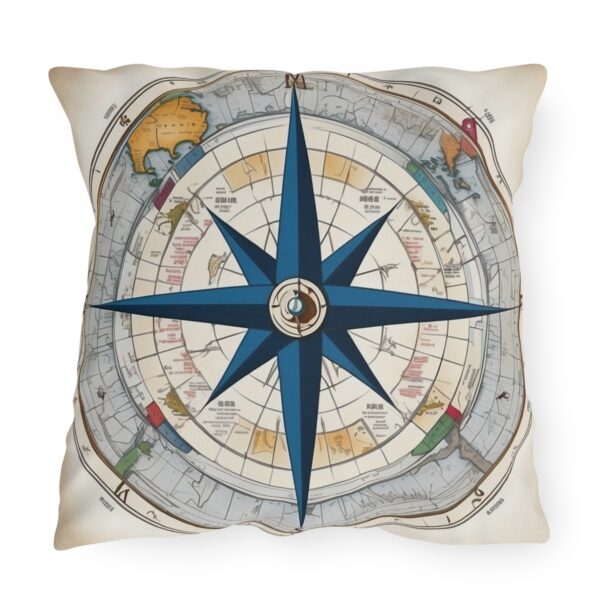 Outdoor pillow with a detailed blue and beige compass design featuring a world map