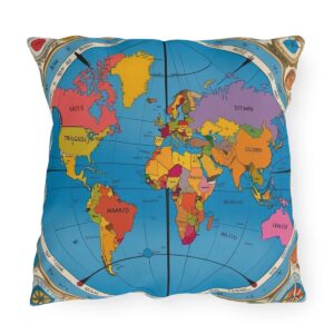 Outdoor pillow with a colorful world map design featuring compass details