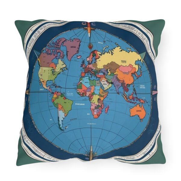 Outdoor pillow with a colorful world map design and compass markings