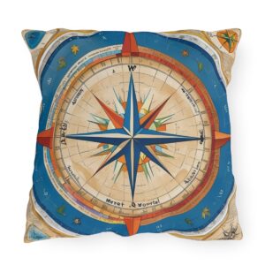 Outdoor pillow with a vibrant compass design in blue, red, and beige