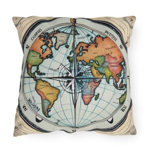 Outdoor pillow with a colorful world map and compass design