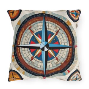 Outdoor pillow with a colorful compass design featuring global coordinates