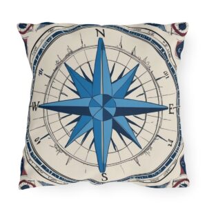 Outdoor pillow with a blue and white compass design and global coordinates