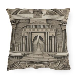 Outdoor pillow with detailed sepia design of an ancient architectural wonder