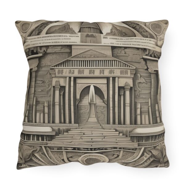 Outdoor pillow with detailed sepia design of an ancient architectural wonder